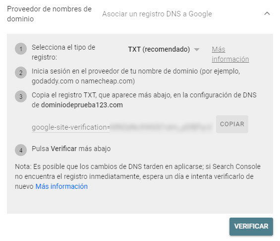 Asociar Search Console con DNS