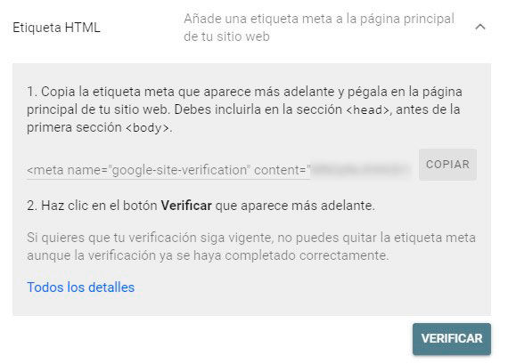 Conectar Search Console con etiqueta HTML
