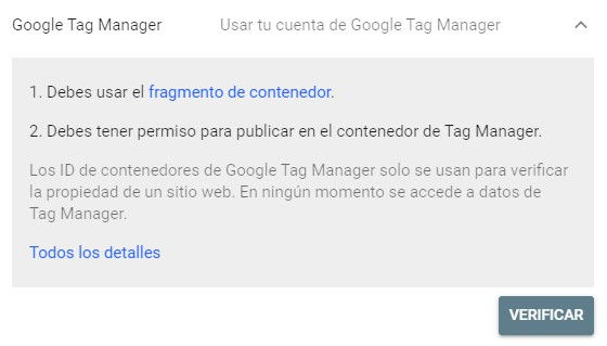 Instalar Search Console con Tag Manager