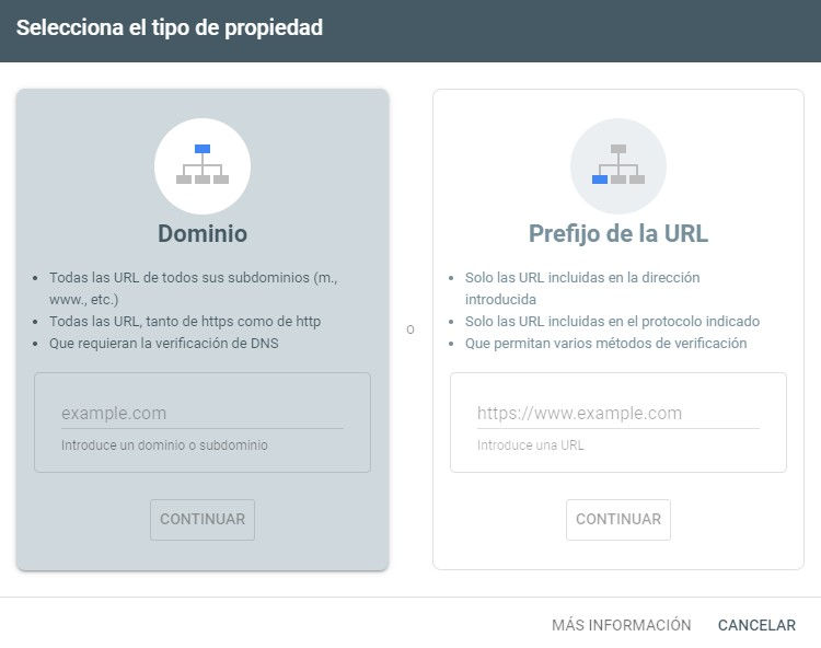 Opciones al crear una propiedad en Search Console
