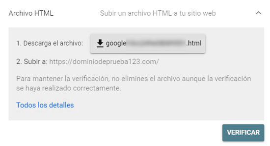 Verificar Search Console con archivo HTML